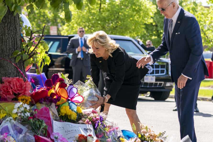 Joe Biden and First Lady Jill Biden pay their respects to the victims of Saturday's shooting at a memorial across from Tops Market in Buffalo.