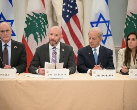 State department chief of staff Daniel Holler talks at a table with envoys from the US, Israel and Lebanon