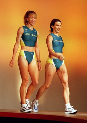 Olympic athletes Margaret Crowley and Lee Naylor model the new Australian Olympic track and field uniforms.