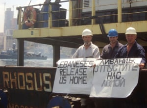 Captain Boris Prokoshev and crew members demand their release from the arrested cargo vessel Rhosus in the port of Beirut, Lebanon, in 2014.