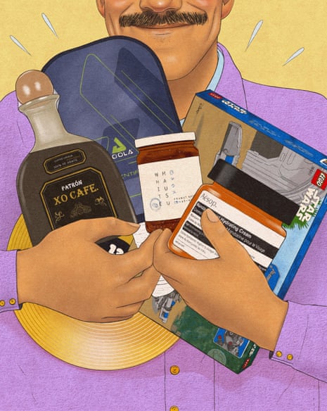 An illustration shows a man holding Father's Day gifts including bottles, a skateboard, LEGO, and face cream