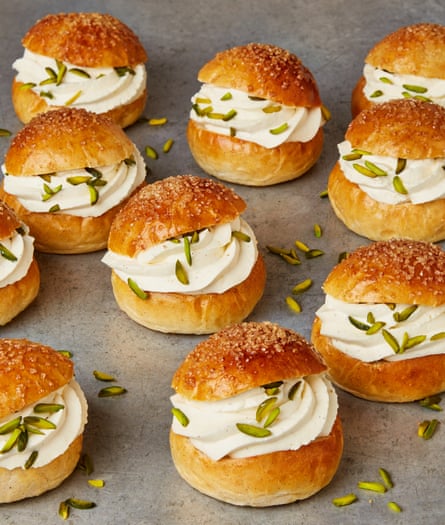 Yotam Ottolenghi’s semlor buns with pistachio praline and lemon cream.