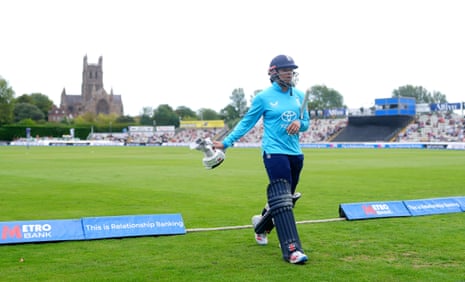 Dunkley leaves the field after being caught out for 119.