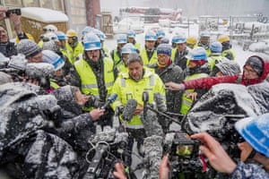 Brevik, Norway. The German economy minister and vice-chancellor, Robert Habeck, is interviewed by media during his visit a cement producer’s CO2 capture facility