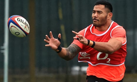 Manu Tuilagi catches the ball during the England training session at Latymer High School on February 16