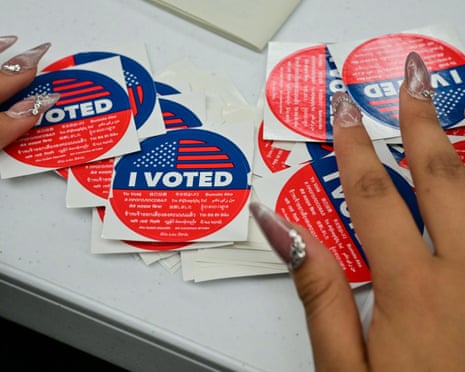 "I voted" stickers are seen inside a polling place at the Kenneth Hahn Hall of Administration during California's state primary election in Los Angeles, California, on June 2, 2026.