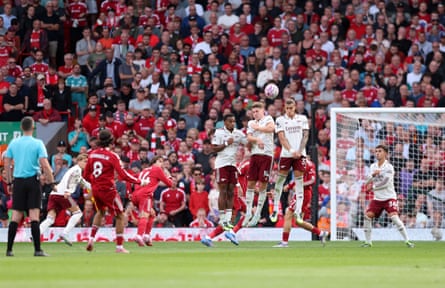 Dominik Szoboszlai fires a free-kick into the top corner of the net.