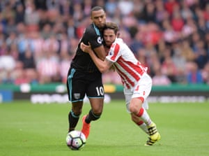Stoke City’s Joe Allen and West Brom’s Matt Phillips fight for the ball during the 1-1 draw at the bet365 Stadium in Tony Pulis’s 1,000th game as a manager