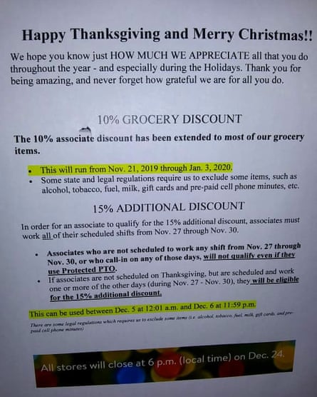 A flyer from Walmart stating their policy during Thanksgiving period.
