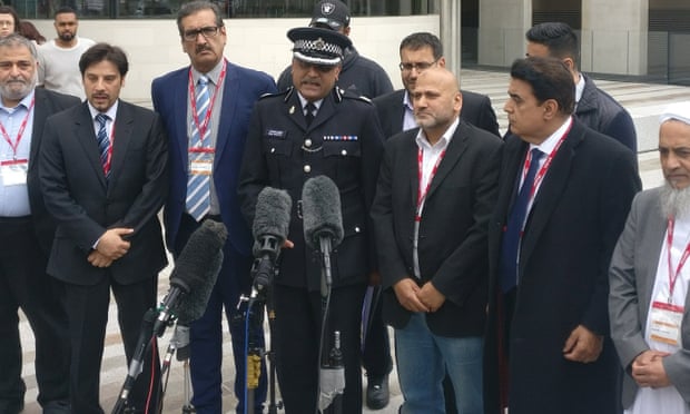 Mak Chishty, centre, with leaders of London’s Muslim community outside Scotland Yard
