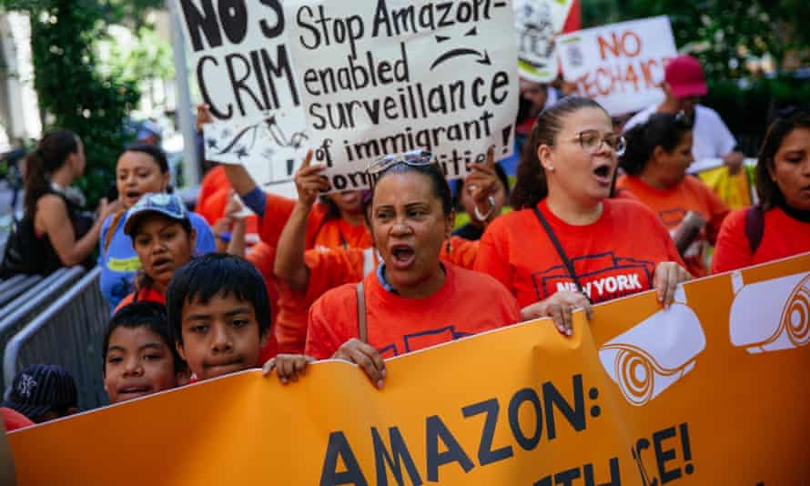 Amazon workers protest outside Jeff Bezos’s apartment in New York City, July this year.