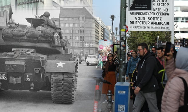 Checkpoint Charlie in Berlin in 1961 and the same area in 2019. Fewer than 25% of Germans over 40 think the world is safer now than in 1989, according to a new survey.