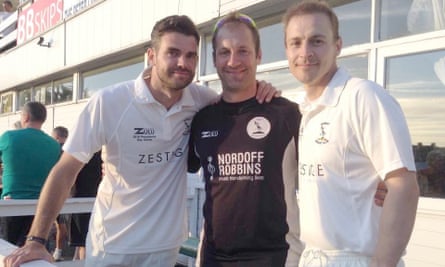 James Anderson (left) alongside Match with David Brown (middle) and Michael Brown at Burnley CC President’s Day match.