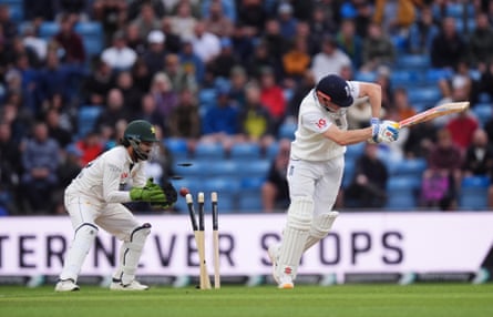 Harry Brook is bowled by Pakistan’s Ali Usman