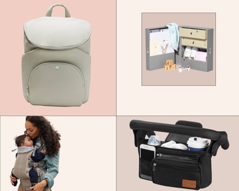 A backpack, keepsake box, baby carrier, and stroller organizer