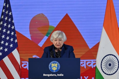 US Secretary of Treasury, Janet Yellen addresses the media during a news conference in Bengaluru.