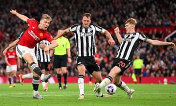 Rasmus Hojlund of Manchester United scores his team's third goal during the Premier League match against Newcastle United.