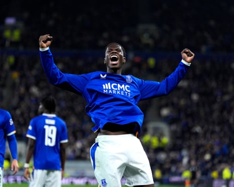 Thierno Barry celebrates scoring the third goal for Everton as they lead Newcastle in the League Cup.