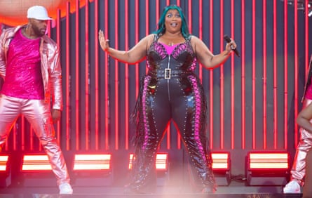 Lizzo performing on the Pyramid stage
