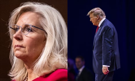 a side-by-side image of Liz Cheney and Donald Trump