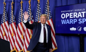 Trump at an ‘Operation Warp Speed’ vaccine presentation in July. His seeming ability to manipulate key agencies has given credibility to the scenario of a vaccine surprise.