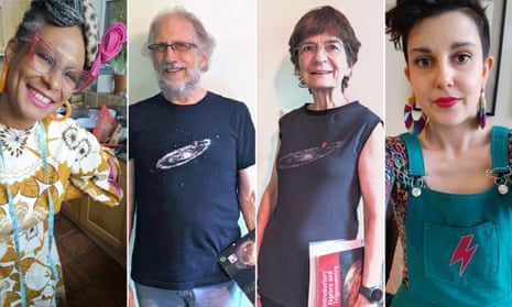 Readers Karen Arthur, Ron Evans and Gina Bennett, and Hen in their working-from-home outfits