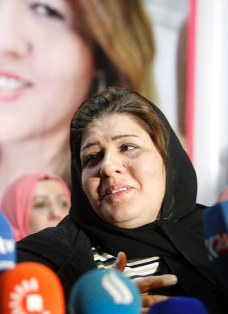 Afrah Shawqi holds a press conference in Baghdad after she was released by her captors.