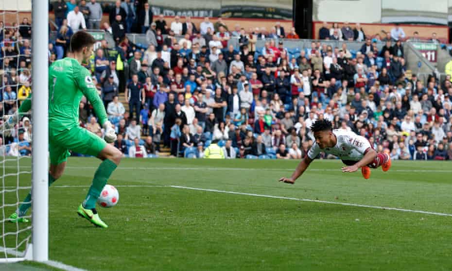 Ollie Watkins scores Aston Villa’s third goal against Burnley.