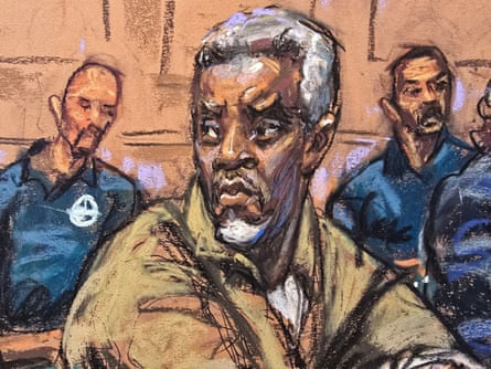 a man sits in court in a courtroom sketch