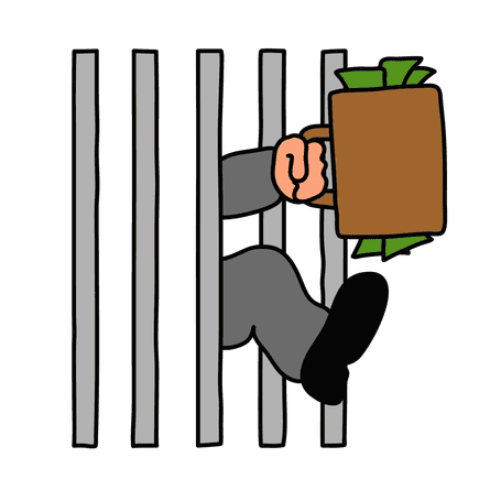 Illustration of a person in a gray suit climbing through jail bars while holding a briefcase filled with money. #3B6A15