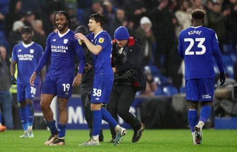 Romaine Sawyers is congratulated after his late winner secured all three points for Cardiff City against Reading.