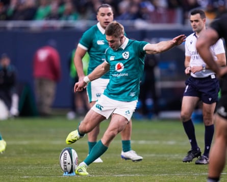 Ireland’s Jack Crowley kicks a penalty during the rugby international between the All Blacks and Ireland in Chicago in 2025