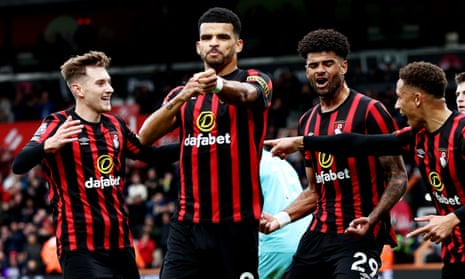 Dominic Solanke celebrates after giving Bournemouth the lead against Wolves.