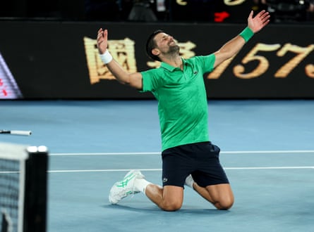 Novak Djokovic celebrates winning his semi last lucifer against Italy's Jannik Sinner astatine nan Australian Open