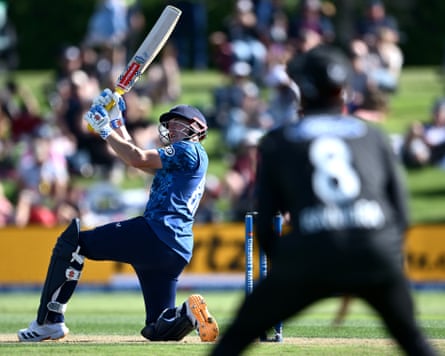Harry Brook plays a shot.