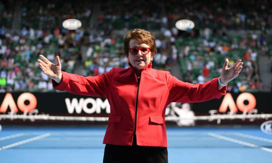 Billie Jean King is seen on centre court during the women of the year award after the womens semifinal match on day eleven at the Australian Open tennis tournament, in Melbourne, Victoria, Australia, 25 January 2018.