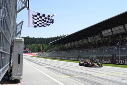 Max Verstappen crosses the finish line to win the sprint race at the Red Bull Ring.