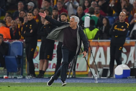José Mourinho urges his Roma team on against Bayer Leverkusen