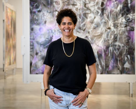 Portrait of Julie Mehretu in a gallery exhibiting her artworks