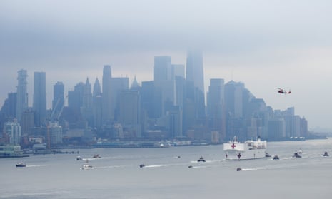 The US Navy hospital ship Comfort sails into New York City on Monday.