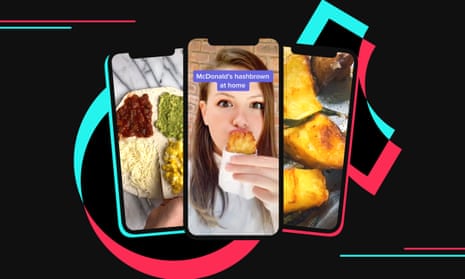 Guardian design image: phones showing tortilla hack, woman with homemade hash brown and crispy potatoes