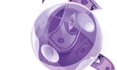 An illustration, in shades of purple, of a crystal ball with banknotes, with pictures of an eye on, being fed into it