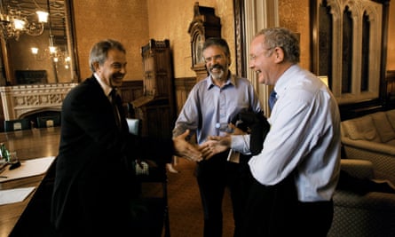 Tony Blair (L) meets Gerry Adams (C) and Martin McGuinness (right) in his parliamentary office in 2007