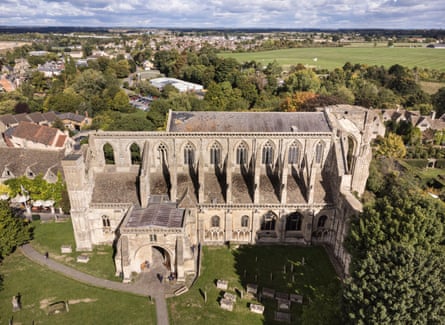 Aerial view from the south of Malmesbury Abbey, Malmesbury, Wiltshire.