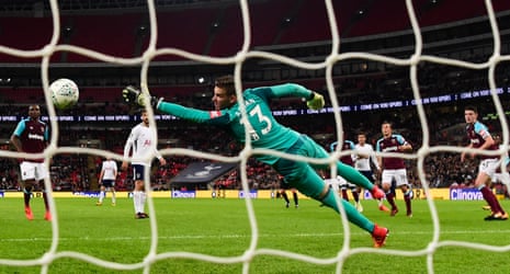 West Ham goalkeeper Adrian is beaten for the second Spurs goal.