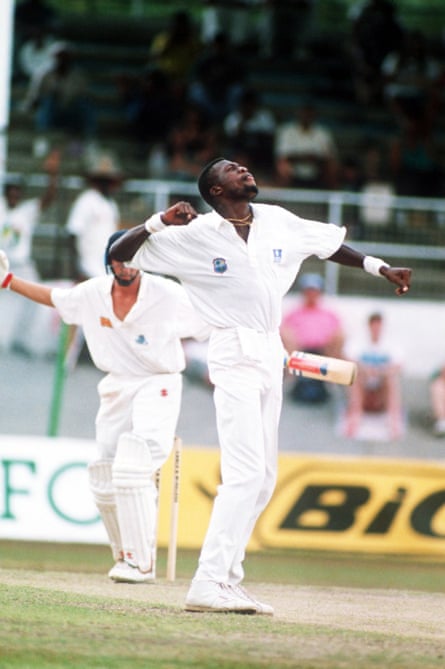 Curtly Ambrose celebrates as England captain Michael Atherton is left stranded by his opening ball, Atherton was out LBW and the target of 194 looked an awfully long way off.
