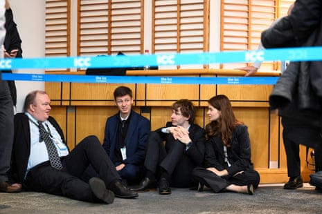 Attendees at the Tory conference queuing this morning to get into the hall where Liz Truss will deliver her speech.