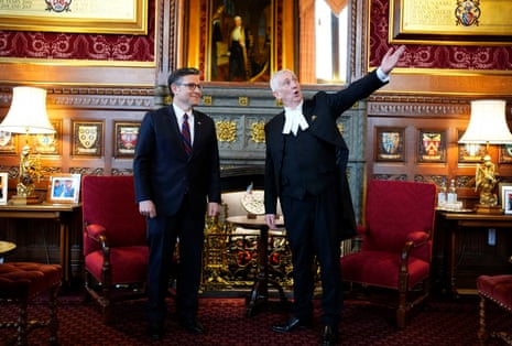 Mike Johnson, speaker of the US House of Representatives, meeting Lindsay Hoyle, speakerr of the Commons, at Westminster today. Although they have the same title, their roles are different; Hoyle serves as a neutral umpire, while Johnson is leader of the majority party in the House. Tomorrow he will give a speech to MPs and peers to mark the 250th anniversary of American independence.