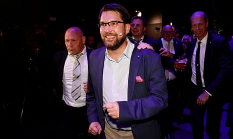 The leader of Sweden Democrats, Jimmie Akesson, attends the party’s election watch in Nacka, near Stockholm, 12 September.