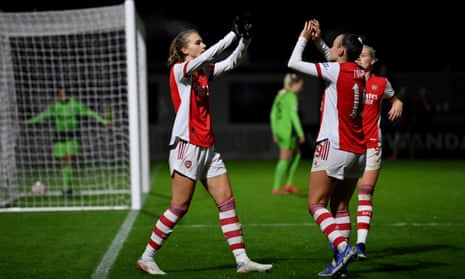 Vivianne Miedema of Arsenal (left) is congratulated by fellow goalscorer Caitlin Foord after she scores their third goal.